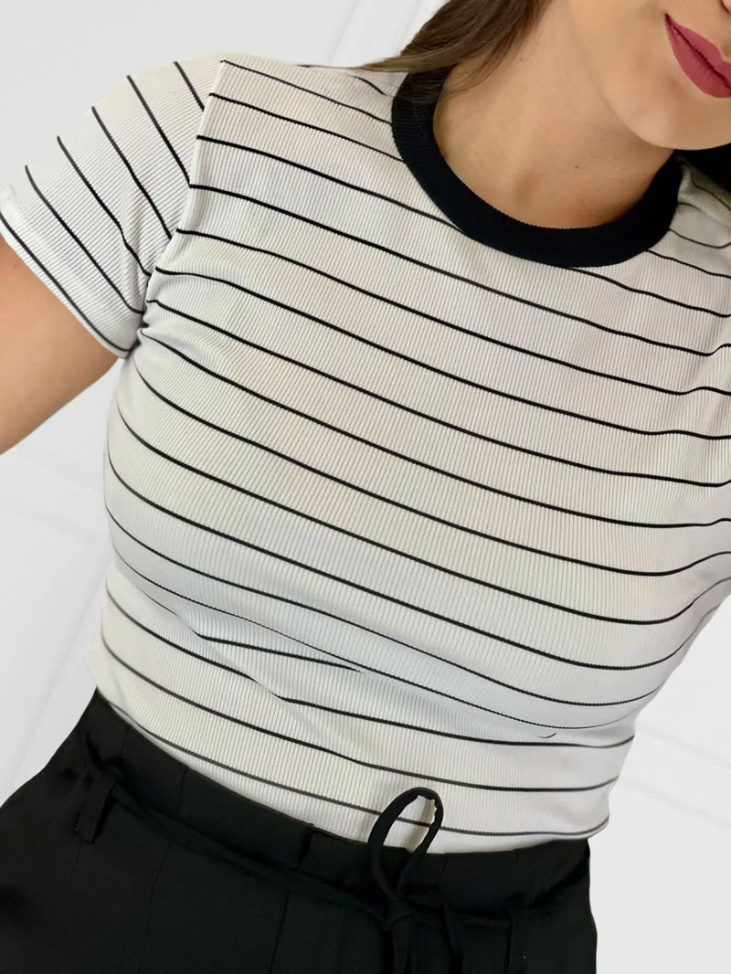 Camiseta listrada Blogger Verão Verão Casual Verão Verão Frete rápido Frete grátis Confortável Malha Casual