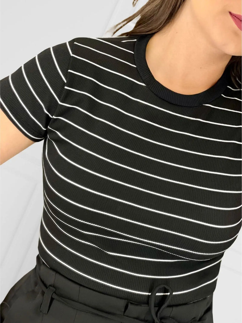 Camiseta listrada Blogger Verão Verão Casual Verão Verão Frete rápido Frete grátis Confortável Malha Casual